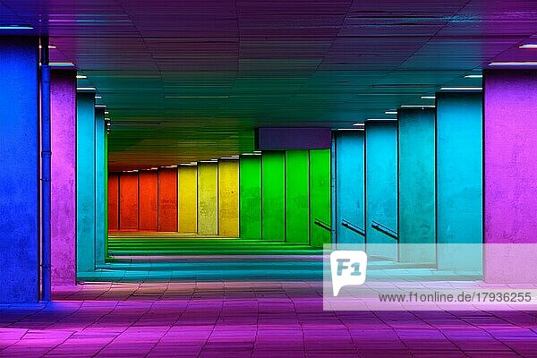 Farbenfrohe  beleuchtete Galerie-Tunnel-Regenbogenpassage unter dem NAI-Gebäude  Nederlands Architecture Institute in der Nähe des Museumsparks  Rotterdam  Niederlande  Europa