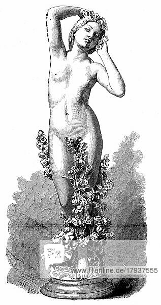 Der Frühling  Allegorie  Marmorstatue einer nackten schlanken Frau die aus einem Blumenstock heraus wächst  Historisch  digital restaurierte Reproduktion einer Originalvorlage aus dem 19. Jahrhundert