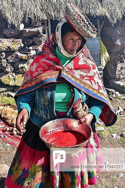 Frau in bunter traditioneller Tracht und Hut mit einer Schüssel Blut vom Schlachten  Anden  bei Cusco  Peru  Südamerika