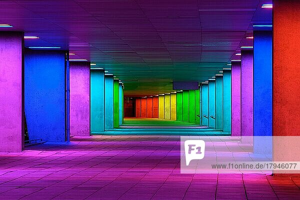 Farbenfrohe  beleuchtete Galerie-Tunnel-Regenbogenpassage unter dem NAI-Gebäude  Nederlands Architecture Institute in der Nähe des Museumsparks  Rotterdam  Niederlande  Europa