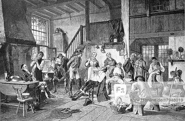 In der Barbierstube  Männer beim Friseur und beim Bartschneider  1879  Deutschland  Historisch  digital restaurierte Reproduktion einer Vorlage aus dem 19. Jahrhundert  Europa