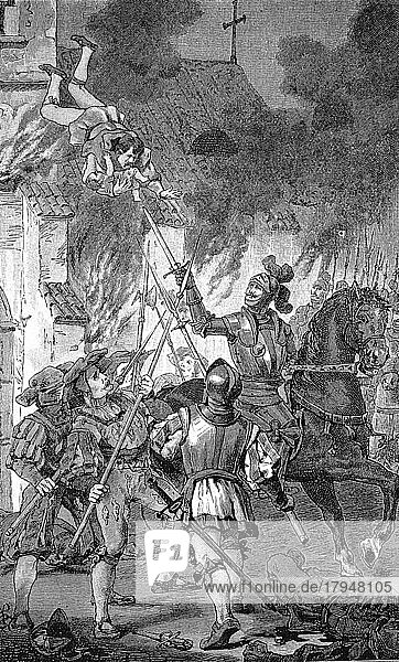 Deutscher Bauernkrieg  1524-1526  Ein Baür stürzt sich mit seinem Kind vom brennenden Turm in Thayngen. Thayngen ist eine Gemeinde des Kantons Schaffhausen in der Schweiz  Historisch  digital restaurierte Reproduktion einer Originalvorlage aus dem 19. Jahrhundert  genaues Originaldatum nicht bekannt