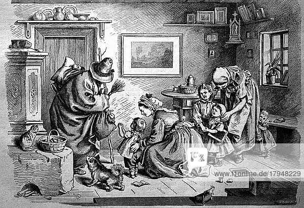 Am Vorabend des Weihnachtsfest  Knecht Ruprecht besucht die Familie und die Kinder  1880  Deutschland  digital restaurierte Reproduktion einer Originalvorlage aus dem 19. Jahrhundert  Europa