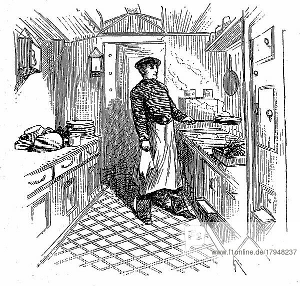 Szene auf einem englischen Auswandererschiff  die Küche  Kombüse  Historisch  digital restaurierte Reproduktion einer Vorlage aus dem 19. Jahrhundert
