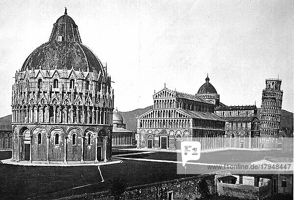 Historisches Foto (ca 1880) von Pisa  Blick auf die Piazza dei Miracoli  schiefer Turm von Pisa und Baptisterium  Toskana  Italien  Historisch  digital restaurierte Reproduktion einer Originalvorlage aus dem 19. Jahrhundert  genaues Originaldatum nicht bekannt  Europa
