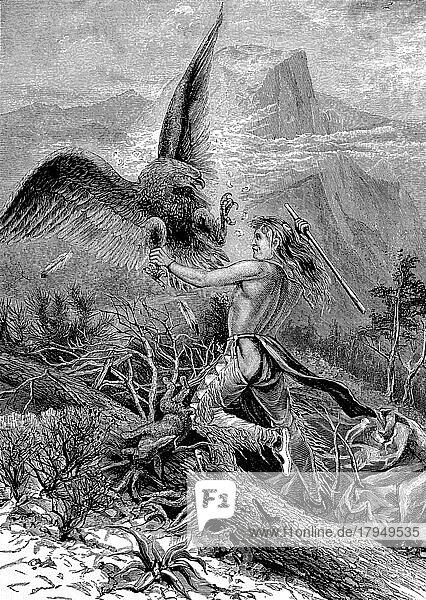 Indianer kämpft mit einem Adler und schlägt mit einem Stock auf den Vogel ein  Amerika  digital restaurierte Reproduktion einer Originalvorlage aus dem 19. Jahrhundert  genaues Originaldatum nicht bekannt