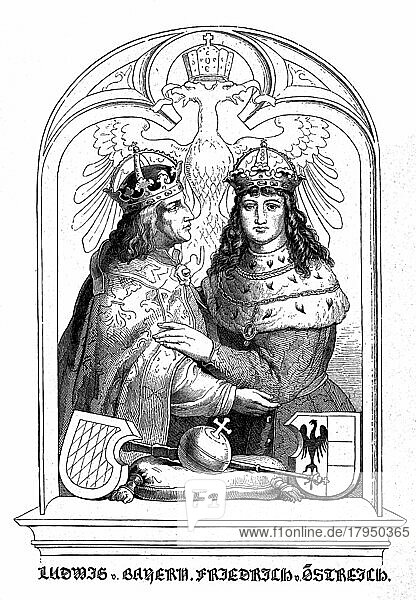 Ludwig IV. der Bayer (geboren Ende 1281 oder Anfang 1282) (gestorben 11. Oktober 1347) Haus Wittelsbach. Im Jahr 1314 trat er als Kandidat zur Wahl des römisch-deutschen Königs an. Diese Wahl verlief aber nicht eindeutig  so dass es in der Folge zu einem Doppelkönigtum kam  Historisch  digital restaurierte Reproduktion einer Originalvorlage aus dem 19. Jahrhundert  genaues Originaldatum nicht bekannt