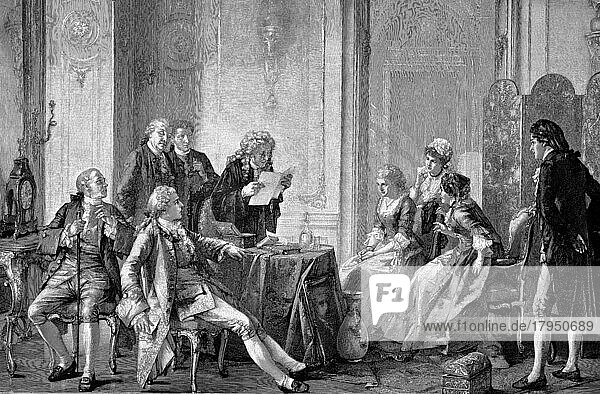Historical illustration of the reading of a will at a notary's office in 1880  Historical  digitally restored reproduction of an original from the 19th century  exact original date unknown