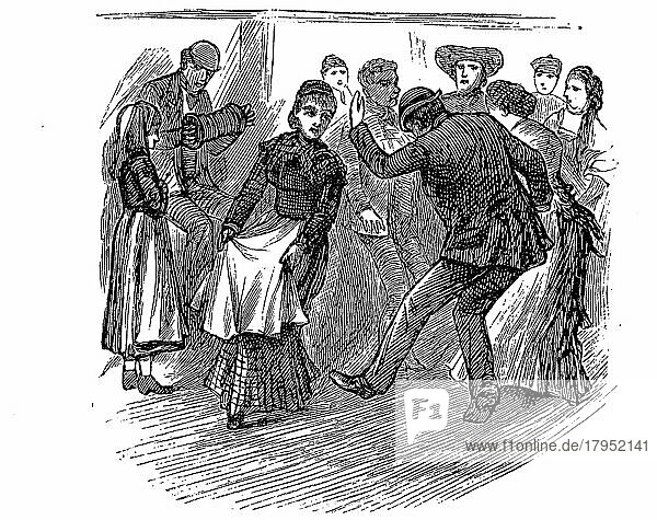 Szene auf einem englischen Auswandererschiff  Tanz an Bord  Historisch  digital restaurierte Reproduktion einer Vorlage aus dem 19. Jahrhundert
