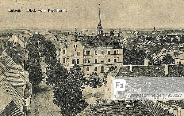 Blick vom Kirchturm in Lützen  Burgenlandkreis  Sachsen Anhalt  Deutschland  Ansicht um ca 1910  digitale Reproduktion einer historischen Postkarte  public domain  aus der damaligen Zeit  genaues Datum unbekannt  Europa