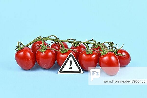Konzept für ungesunde oder giftige Stoffe in Lebensmitteln wie Pestizidrückstände oder Allergien mit Warnschild vor Tomaten auf blauem Hintergrund