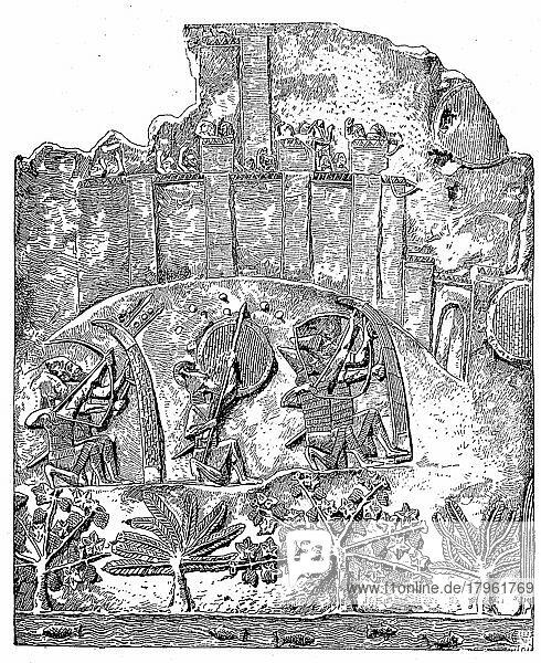 Belagerung einer Stadt durch die Assyrer  Relief aus der Zeit des Sencherib  Sin-ahhe-eriba  ca 730 v. Chr  Historisch  digital restaurierte Reproduktion einer Originalvorlage aus dem 19. Jahrhundert  genaues Originaldatum nicht bekannt