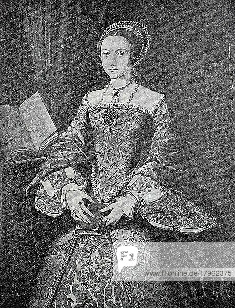 Porträt von Prinzessin Elizabeth von England  7. September 1533  24. März 1603  war vom 17. November 1558 bis zu ihrem Tod am 24. März 1603 Königin von England und Irland  Gemälde in der Royal Gallery in Schloss Windsor  Historisch  digital restaurierte Reproduktion einer Originalvorlage aus dem 19. Jahrhundert  genaues Originaldatum nicht bekannt