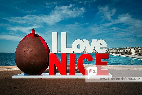 I love Nice in Easter style with chocloate egg with Nice town and beach in background  Nice  Frankreich  Europa