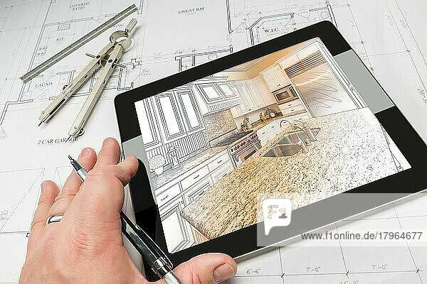 Hand eines Architekten auf einem Computertablett  das eine benutzerdefinierte Küchenillustrations-Foto-Kombination über Hausplänen  Kompass und Lineal zeigt