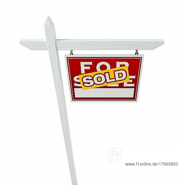 Rechts zugewandt verkauft für Verkauf Immobilien Zeichen vor einem weißen Hintergrund