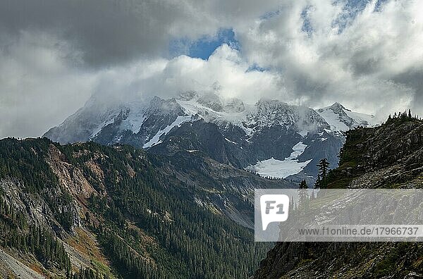 Cloudy Mt. Shuksan with snow and glacier  Mt. Baker-Snoqualmie National Forest  Washington  USA  North America