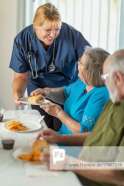 Eine Ärztin oder Krankenschwester serviert einem älteren Ehepaar Sandwiches am Tisch