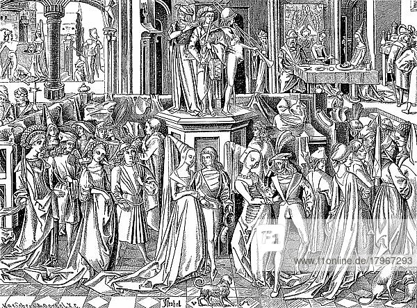 Stadtleben im 15. Jahrhundert  bei einem patrizischen Tanzfest  die Oberschicht  bestehend aus Mitgliedern des niederen Adels  wohlhabenden Kaufleuten und Ministerialen  digitale verbesserte Reproduktion eines Originaldrucks von 1880