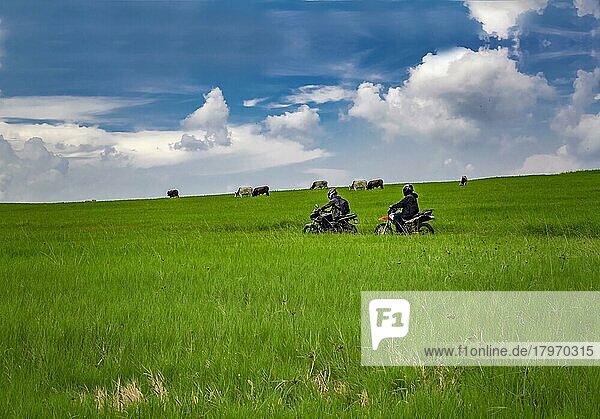 Junger Mann auf seinem Motorrad auf der Fahrt durch die Landschaft mit Kopierraum  Mann fährt Motorrad auf dem Lande