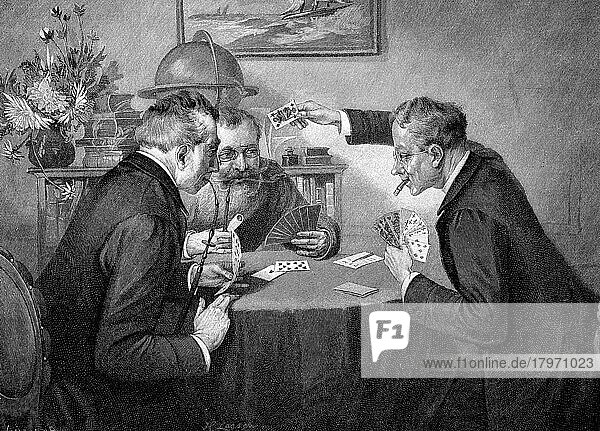 Drei Männer beim Kartenspiel  Skat  Historisch  digital restaurierte Reproduktion einer Originalvorlage aus dem 18. Jahrhundert  genaues Originaldatum nicht bekannt