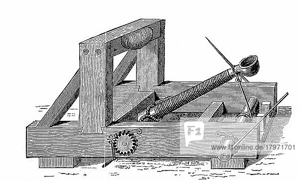 Schwerer Belagerungsballist  war eine römische Wurfmaschine zur Zeit Cäsars  digitale verbesserte Reproduktion eines Originaldrucks aus dem 19. Jahrhundert