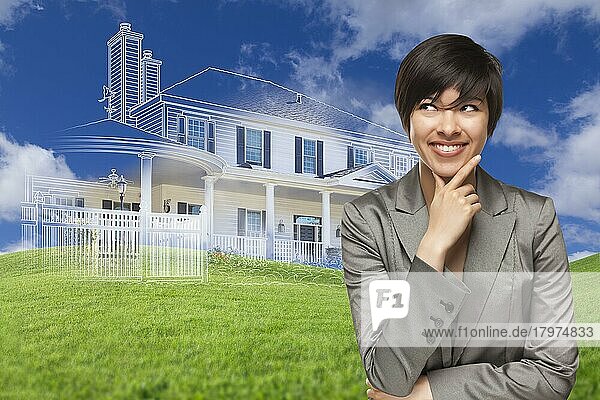Neugierige  lächelnde gemischtrassige Frau blickt auf eine geisterhafte Hauszeichnung  ein Teilfoto und sanfte grüne Hügel dahinter