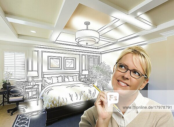 Daydreaming kreative Frau mit Bleistift über benutzerdefinierte Schlafzimmer Design Zeichnung und Foto Kombination