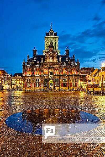 Delft City Hall and Delft Market Square Markt in the evening. Delft  Netherlands