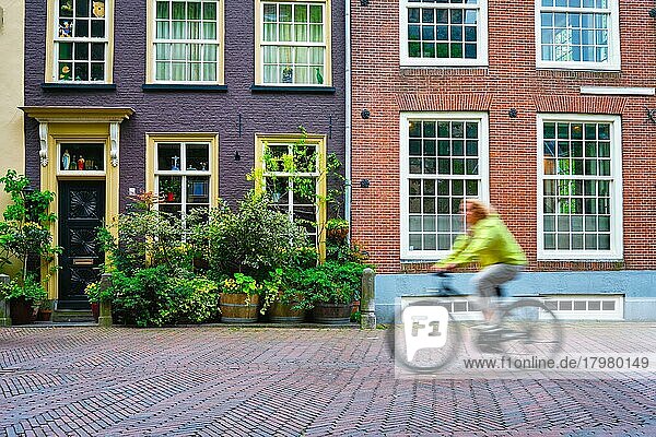 Bewegung unscharf Fahrradfahrer Radfahrer Frau auf Fahrrad sehr beliebtes Transportmittel in den Niederlanden in Straße mit alten Häusern von Delft  Niederlande  Europa