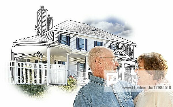 Glückliches älteres Paar über Haus Zeichnung und Foto Kombination auf weiß