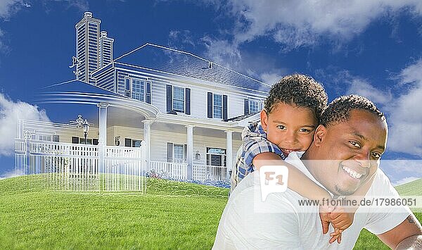 Gemischtrassiger Vater und Sohn mit geisterhafter Hauszeichnung  Teilfoto und sanften grünen Hügeln im Hintergrund