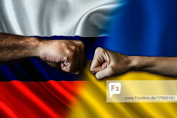 Russland vs Ukraine zwei Fäuste stoßen  Konzept  Russland vs Ukraine politischen Konflikt  Russland vs Ukraine Flagge  Russland  Europa