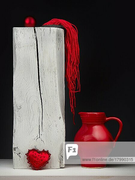 Thema Liebe  Rot  weiß  Stillleben mit roter Keramikkanne  Wollfäden  Herz und roter Kugel  Studioaufnahme  Symbolfoto