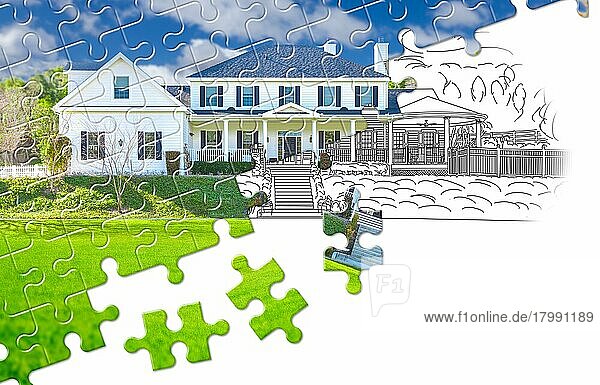 Puzzleteile  die zusammenpassen und das fertige Haus über der Zeichnung zeigen