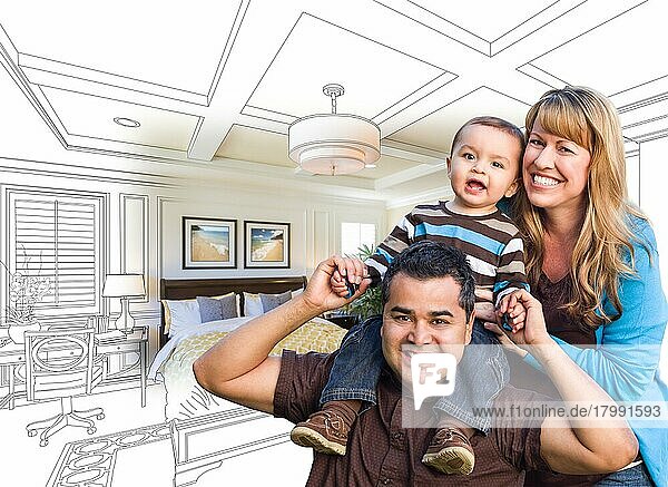 Gemischtrassige Familie mit Baby über benutzerdefinierte Schlafzimmer Zeichnung und Foto Kombination