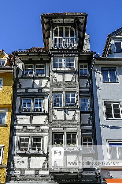 Half-timbered façade,  the Orthaus with lift dormer built around 1600 in Lindau,  Swabia,  Bavaria,  Germany,  Europe