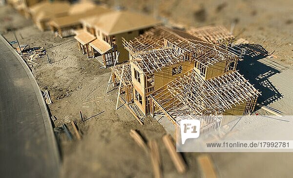 Luftaufnahme einer Baustelle für neue Häuser mit Tilt-Shift-Unschärfe