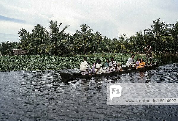 Ein Bootsführer  der Menschen in einem kleinen Boot zu ihrem Dorf bringt  Backwaters in Kerala  Indien  Asien