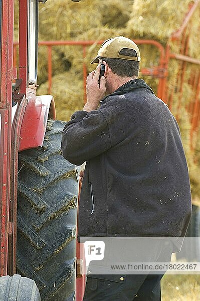 Landwirt spricht am Mobiltelefon  steht neben Traktor und Anhänger mit Strohballen  Schweden  Europa
