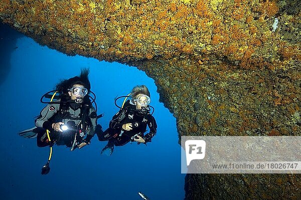 Diver in Nereus Cave  Grotta di Nereo  Capo Caccia  Alghero  Sardinia  Italy  Europe  Mediterranean Sea  Europe