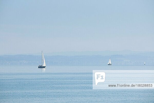 Drei Segelboote auf blau schimmerndem Bodensee bei sonnigem Wetter und blauem Himmel im Sommer