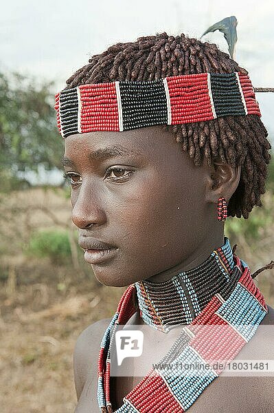Young Hamar woman  Hamar people  Omo valley  southern Ethiopia  bead necklaces