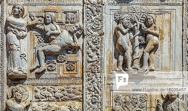 Façade and portal with marble reliefs  scenes from the life of Jesus  Master Guillelmo  12th c. right Creation story by Niccolò  San Zeno Maggiore  one of the most beautiful Romanesque churches in Italy  12th-13th c. Verona  Veneto  Italy  Verona  Veneto  Italy  Europe
