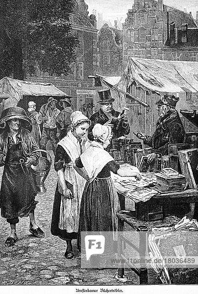Buchhändler  Marktplatz  Verkauf  Handeln  Bücherstand  viele Menschen  im Freien  Zelte  alte Häuser  kaufen  antiquarisch  historische Illustration von 1897  Amsterdam  Niederlande  Europa