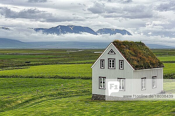 Grassodenhaus auf einer Wiese  Berge am Horizont  Haus Gilsstofa  Museumsverwaltung im Freilichtmuseum Glaumbær  Varmahlíð  Skagafjörður  Norðurland vestra  Island  Europa