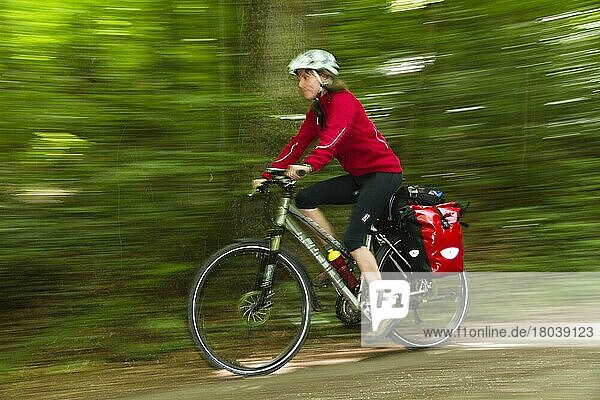 Frau auf Fahrrad  Isarradweg  nahe Grünwald  Oberbayern  Grünwald  Deutschland  Europa