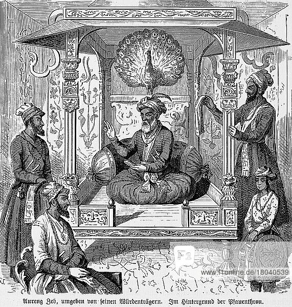 Aureng Zeb  Aurangzeb  Great Mogul  ruler  17th century  peacock throne  enthroned  men  dignitaries  court  rich  power  peacock  sitting  standing  historical illustration 1885  India  Asia