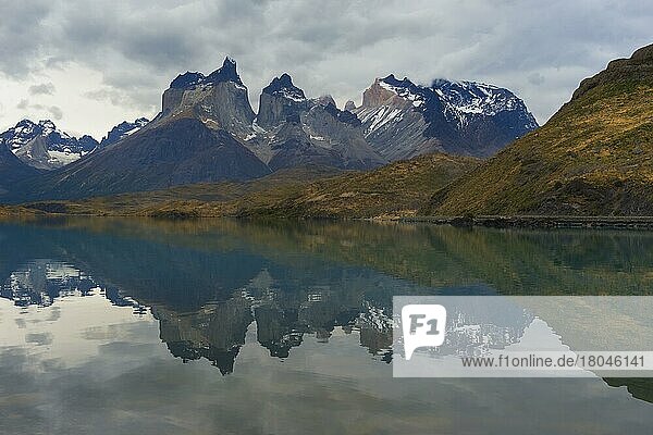Reflection of the Cuernos del Paine in Lago Pehoe  Torres del Paine National Park  Chilean Patagonia  Chile  South America
