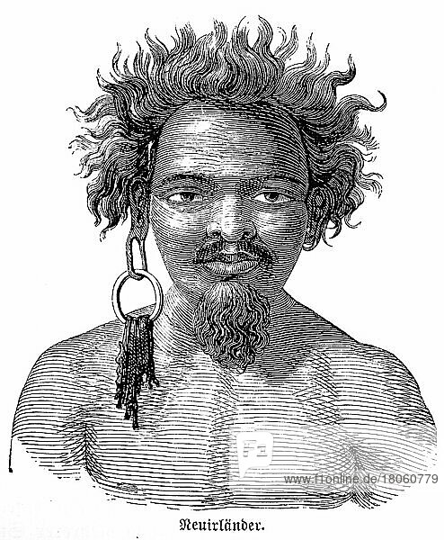 Neuirländer  Porträt  Eingeborener  Ohrring  Bart  historische Illustration 1885  Archipel Neuirland  Papua Neuguinea